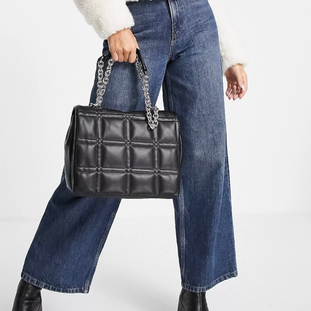 Topshop Black Large Quilted Studded Shoulder Bag